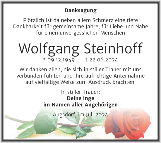 Traueranzeige von Wolfgang Steinhoff von Trauerkombi Mansfelder Land
