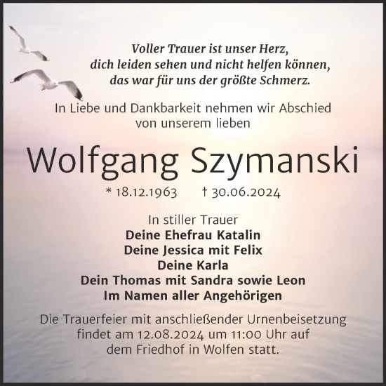 Traueranzeige von Wolfgang Szymanski von Trauerkombi Bitterfeld