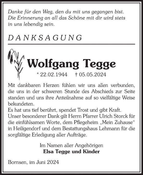 Traueranzeige von Wolfgang Tegge von Volksstimme Altmark West