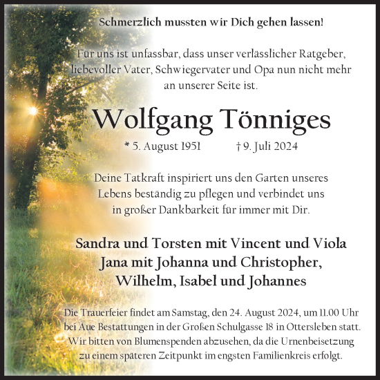 Traueranzeige von Wolfgang Tönniges von Volksstimme Magdeburg