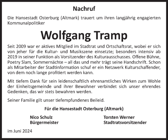 Traueranzeige von Wolfgang Tramp von Volksstimme Altmark Ost