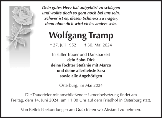 Traueranzeige von Wolfgang Tramp von Volksstimme Altmark Ost