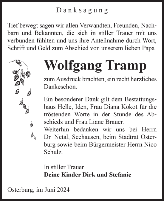 Traueranzeige von Wolfgang Tramp von Volksstimme Altmark Ost