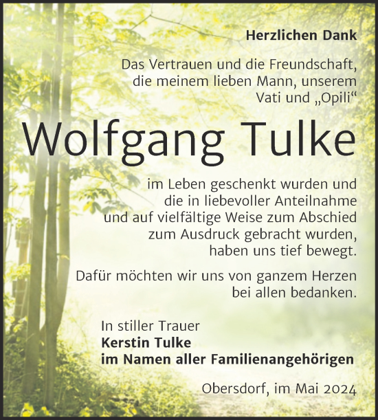 Traueranzeige von Wolfgang Tulke von Trauerkombi Sangerhausen
