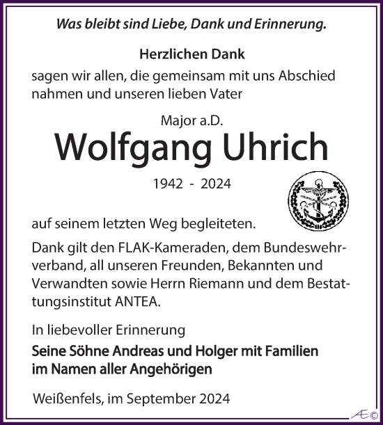 Traueranzeige von Wolfgang Uhrich von Trauerkombi Weißenfels