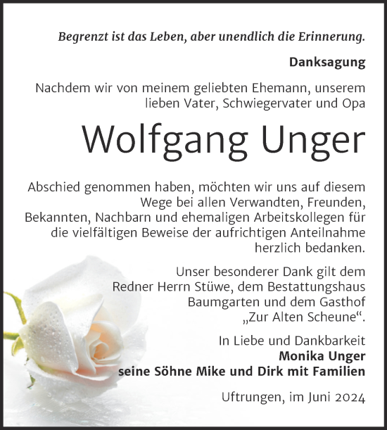 Traueranzeige von Wolfgang Unger von Trauerkombi Sangerhausen