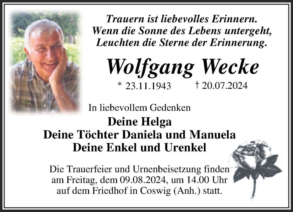  Traueranzeige für Wolfgang Wecke vom 03.08.2024 aus Trauerkombi Wittenberg