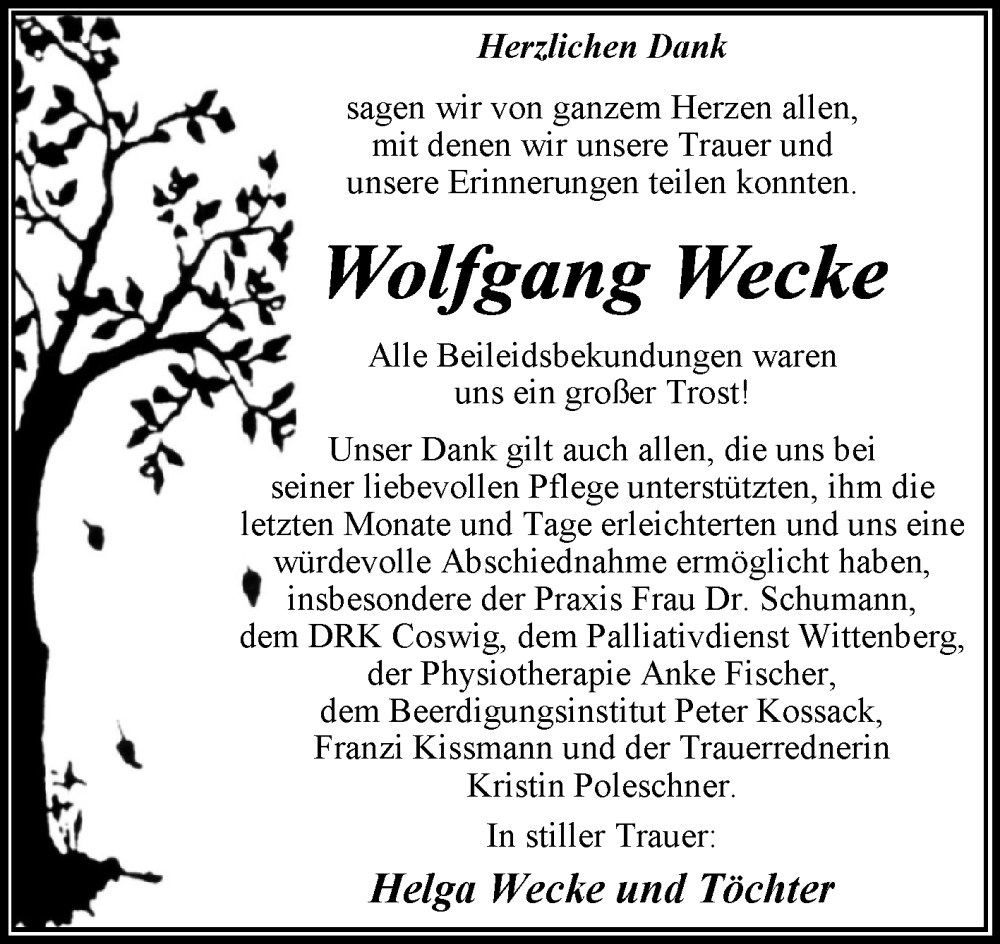  Traueranzeige für Wolfgang Wecke vom 17.08.2024 aus Trauerkombi Wittenberg