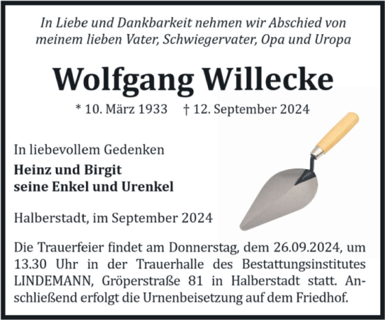 Traueranzeige von Wolfgang Willecke von Volksstimme Halberstadt