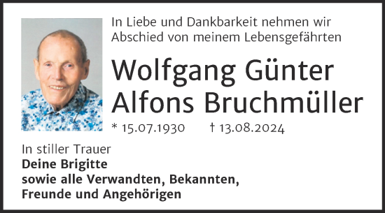 Traueranzeige von Wolfgang Günter Alfons Bruchmüller von Trauerkombi Dessau