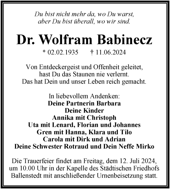 Traueranzeige von Wolfram Babinecz von Trauerkombi Quedlinburg
