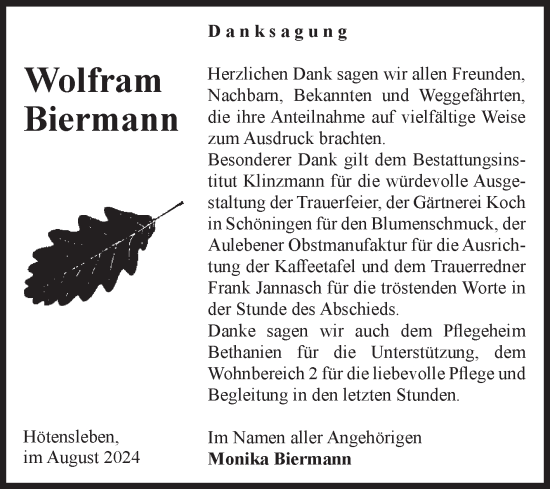 Traueranzeige von Wolfram Biermann von Volksstimme Oschersleben/Wanzleben