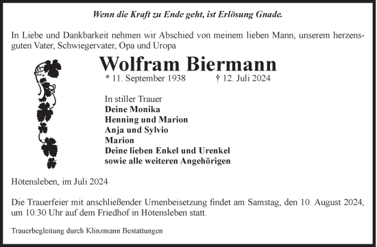 Traueranzeige von Wolfram Biermann von Volksstimme Oschersleben/Wanzleben