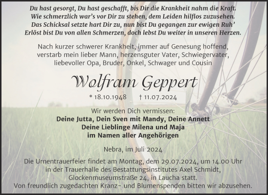 Traueranzeige von Wolfram Geppert von Super Sonntag Naumburg/Nebra