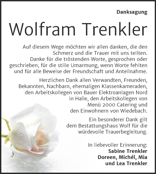 Traueranzeige von Wolfram Trenkler von Trauerkombi Weißenfels