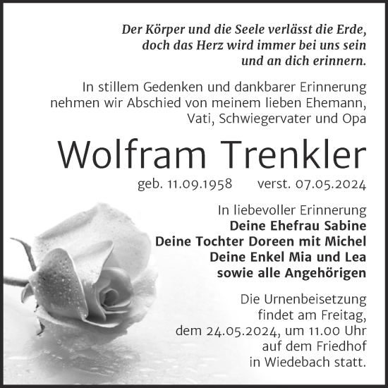 Traueranzeige von Wolfram Trenkler von Trauerkombi Weißenfels