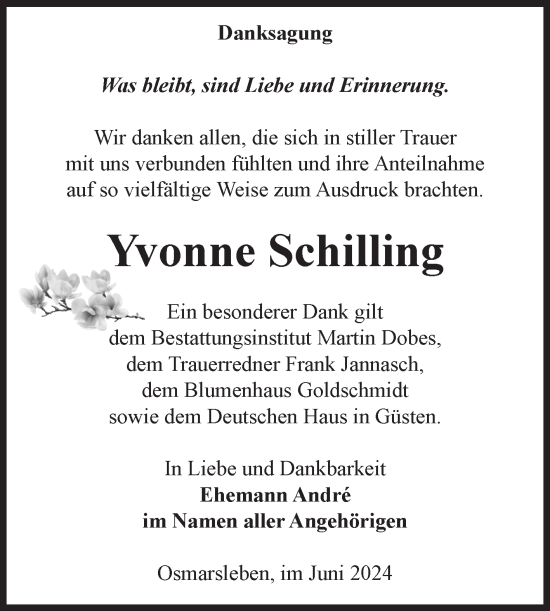 Traueranzeige von Yvonne Schilling 