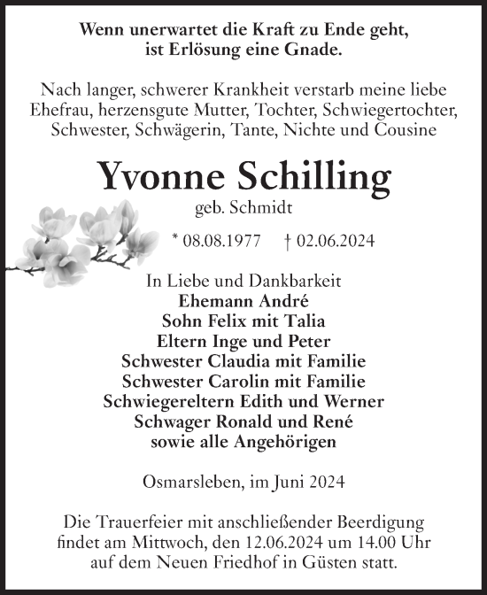 Traueranzeige von Yvonne Schilling 