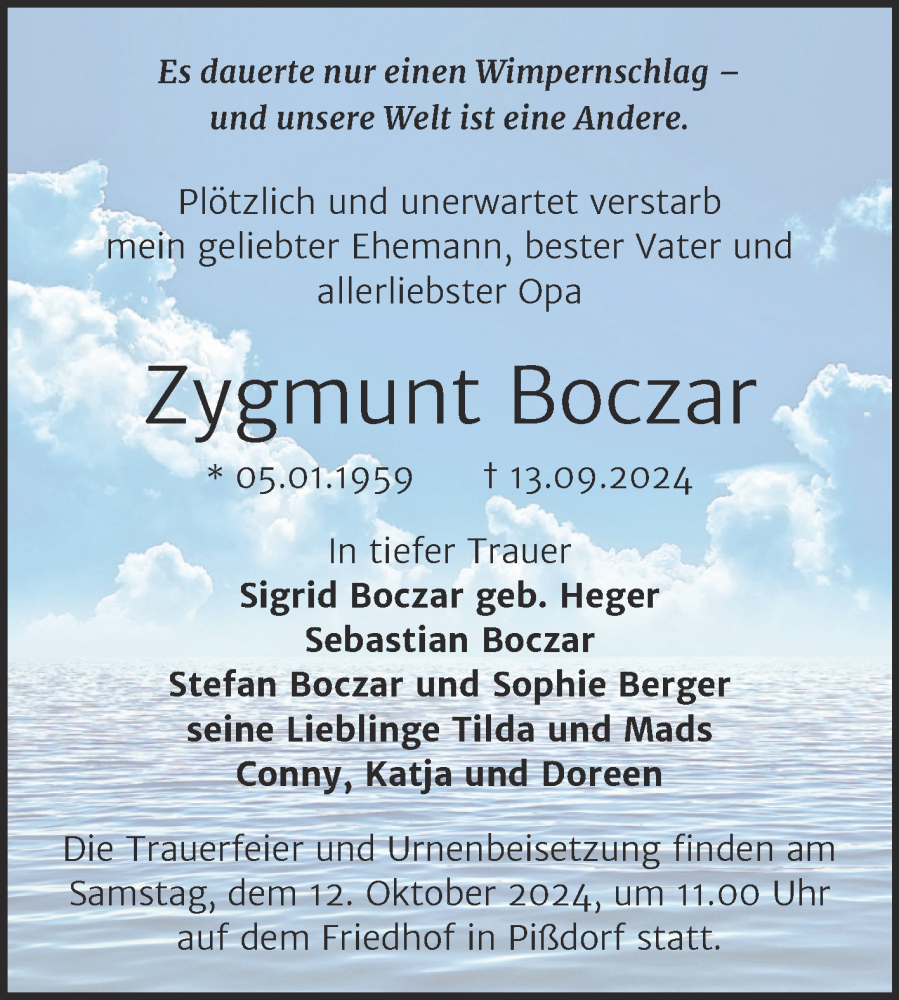  Traueranzeige für Zygmunt Boczar vom 21.09.2024 aus Trauerkombi Köthen