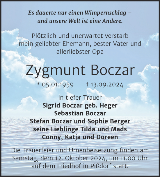 Traueranzeige von Zygmunt Boczar von Trauerkombi Köthen