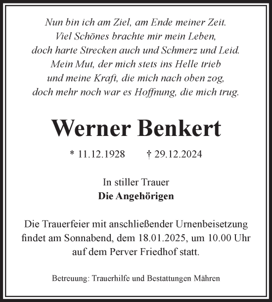 Traueranzeige von Werner Benkert von Volksstimme Altmark West