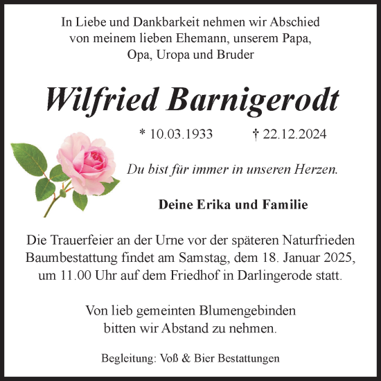 Traueranzeige von Wilfried Barnigerodt von Volksstimme Wernigerode