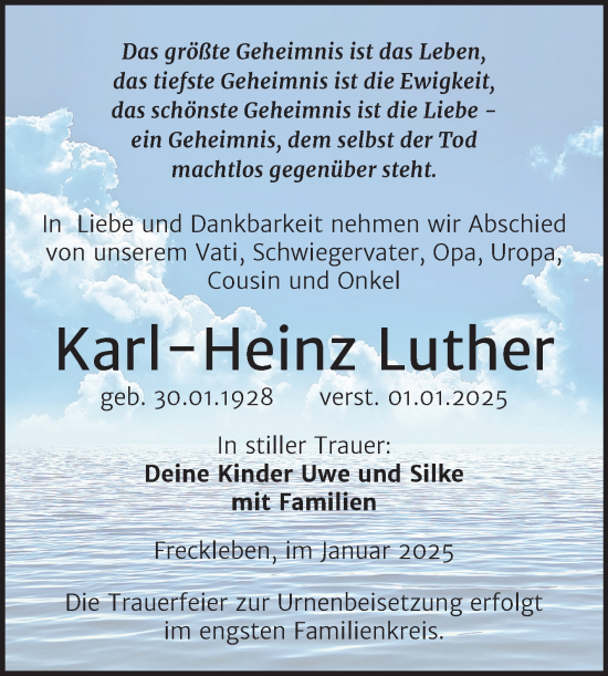 Traueranzeige von Karl-Heinz Luther von Super Sonntag Aschersleben