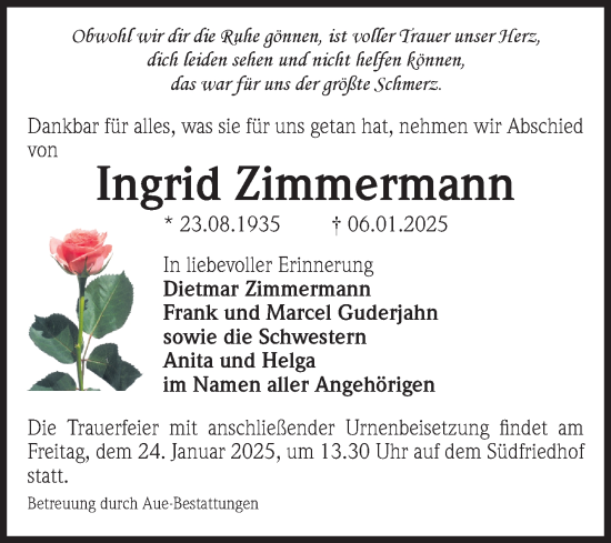 Traueranzeige von Ingrid Zimmermann von Volksstimme Magdeburg