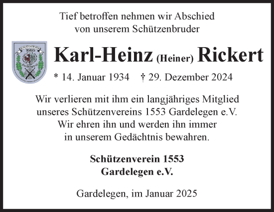 Traueranzeige von Karl-Heinz  Rickert von Volksstimme Altmark West