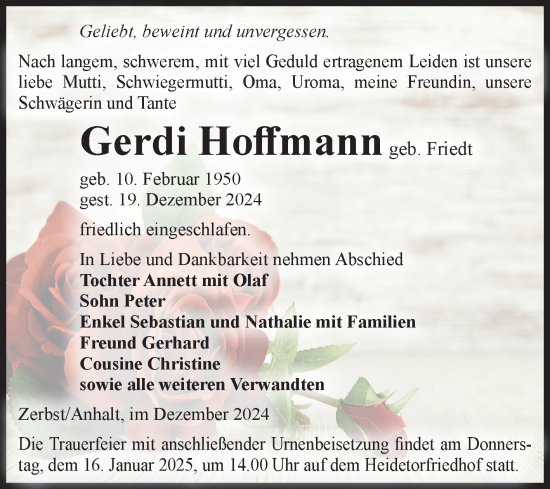 Traueranzeige von Gerdi Hoffmann von Volksstimme Zerbst