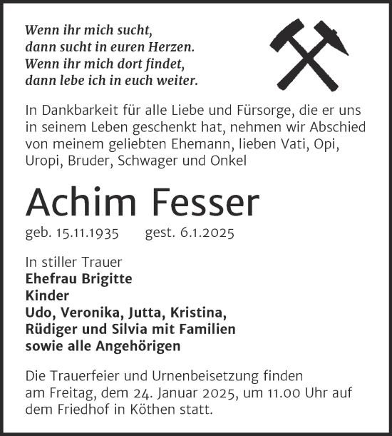 Traueranzeige von Achim Fesser von Trauerkombi Köthen