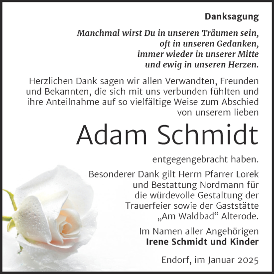 Traueranzeige von Adam Schmidt von Trauerkombi Mansfelder Land