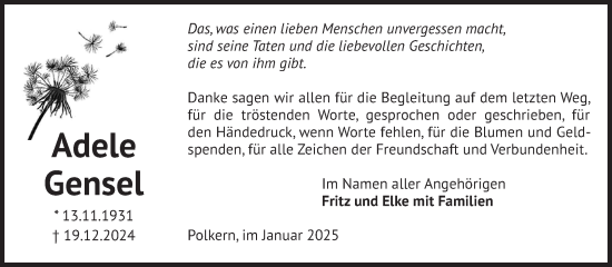 Traueranzeige von Adele Gensel von Volksstimme Altmark Ost