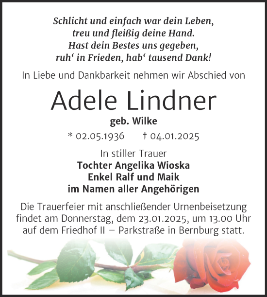 Traueranzeige von Adele Lindner von Trauerkombi Bernburg