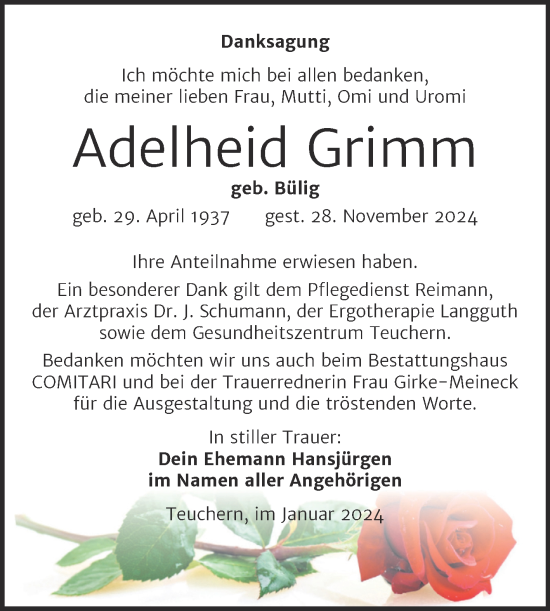 Traueranzeige von Adelheid Grimm von Trauerkombi Weißenfels