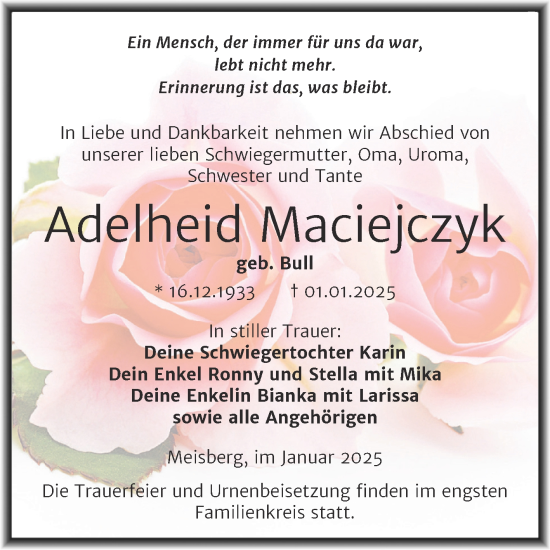 Traueranzeige von Adelheid Maciejczyk von Trauerkombi Mansfelder Land