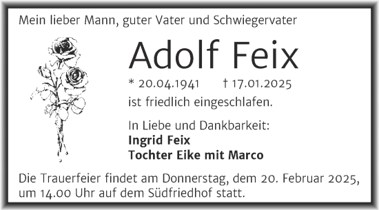 Traueranzeige von Adolf Feix von Mitteldeutsche Zeitung Halle/Saalkreis