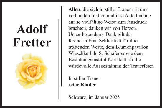 Traueranzeige von Adolf Fretter von Volksstimme Schönebeck
