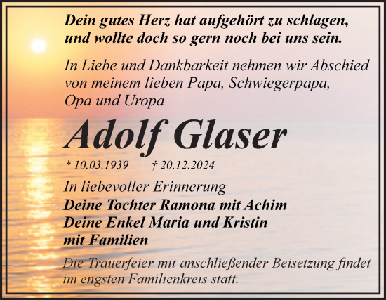 Traueranzeige von Adolf Glaser von Trauerkombi Dessau