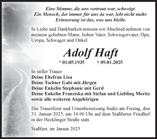 Traueranzeige von Adolf Haft 
