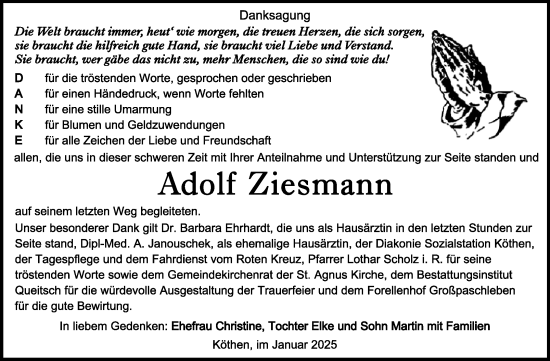 Traueranzeige von Adolf Ziesmann von Trauerkombi Köthen