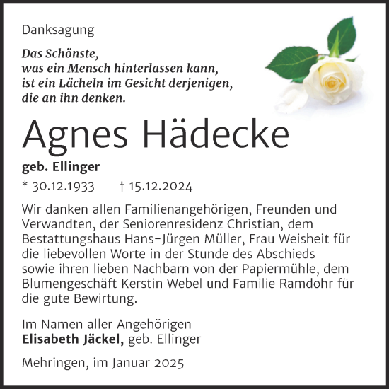 Traueranzeige von Agnes Hädecke von Trauerkombi Aschersleben