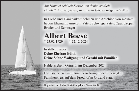 Traueranzeige von Albert Boese von Volksstimme Haldensleben/Wolmirstedt
