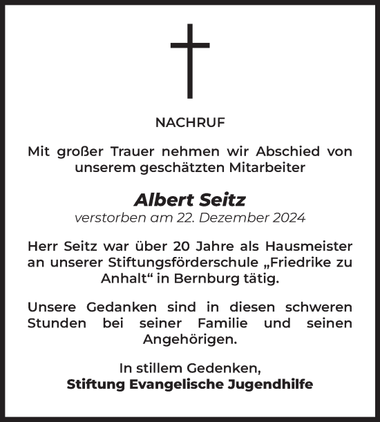 Traueranzeige von Albert Seitz von Mitteldeutsche Zeitung Bernburg