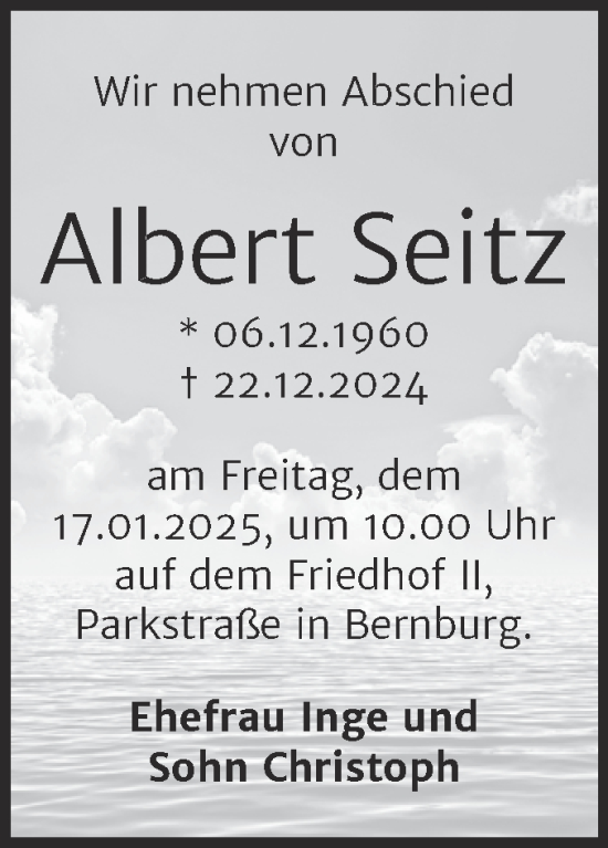 Traueranzeige von Albert Seitz von Trauerkombi Bernburg