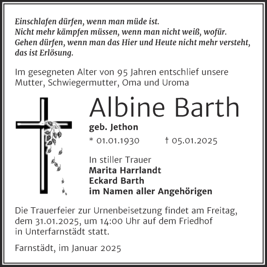 Traueranzeige von Albine Barth von Trauerkombi Merseburg