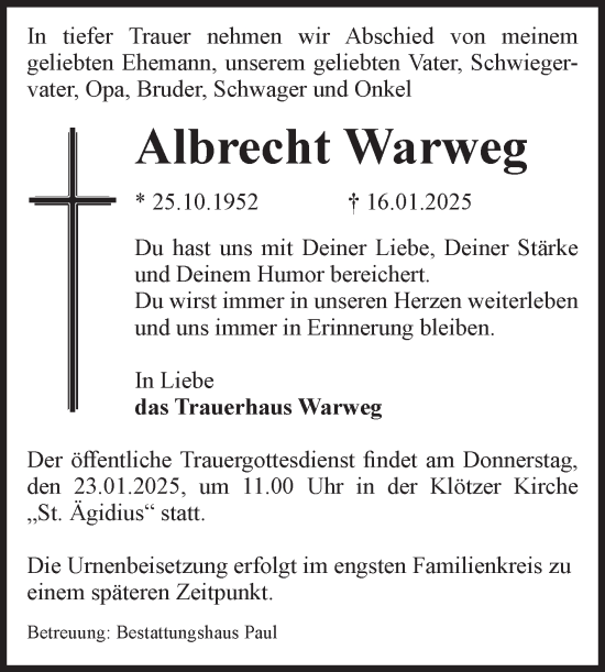 Traueranzeige von Albrecht Warweg von Volksstimme Altmark West