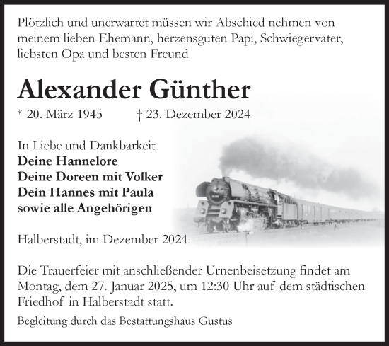 Traueranzeige von Alexander Günther von Volksstimme Halberstadt