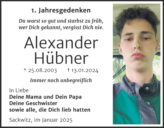 Traueranzeige von Alexander Hübner von Trauerkombi Wittenberg