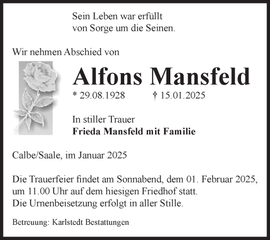 Traueranzeige von Alfons Mansfeld von Volksstimme Schönebeck